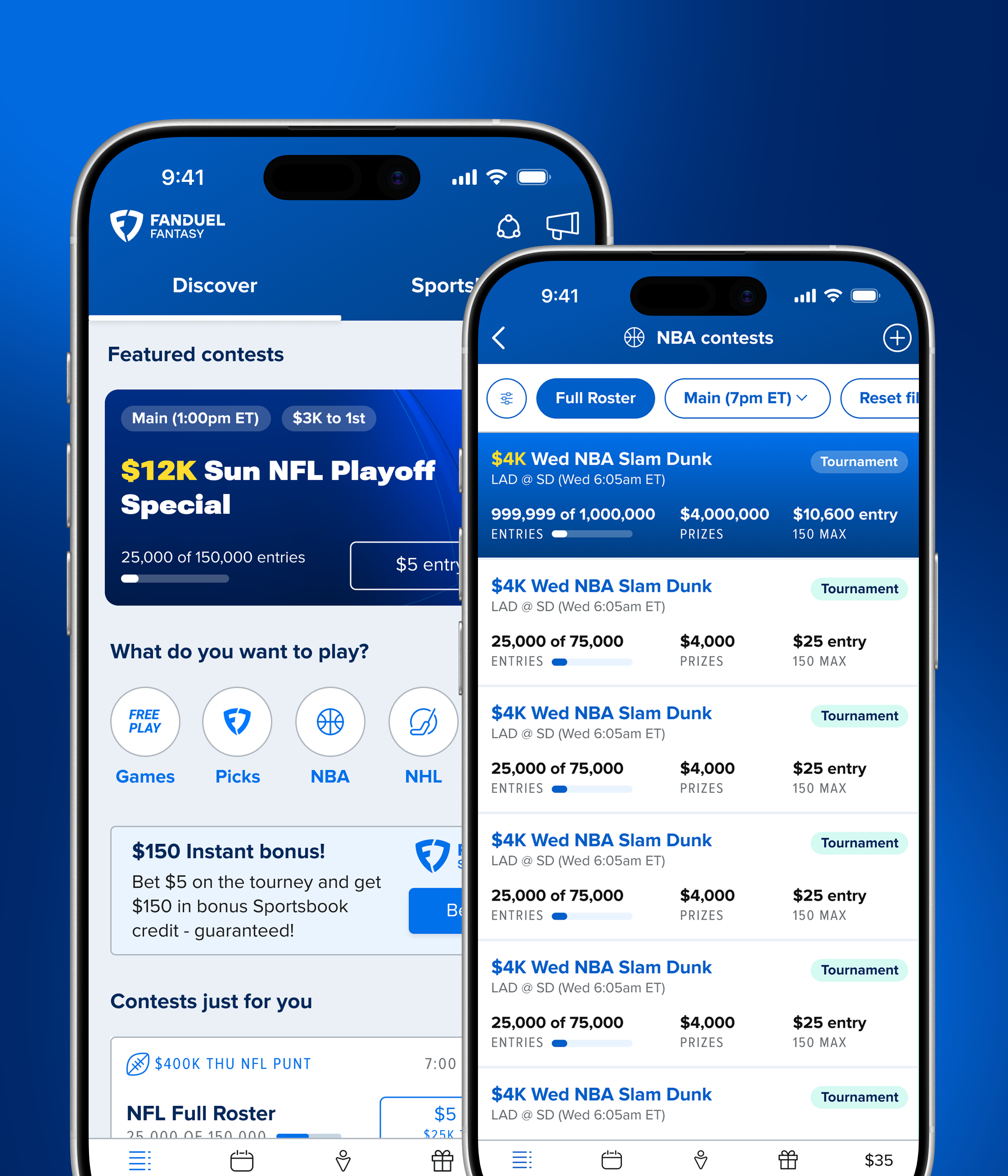 FanDuel Fantasy discovery and NBA contest lobby screens displayed on two iPhones