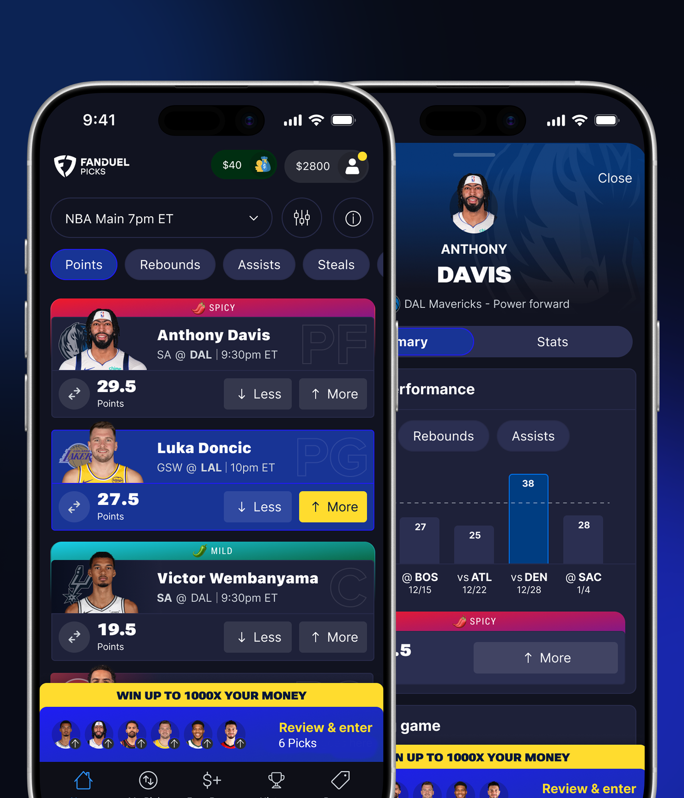 FanDuel Picks lobby and player detail screens displayed on two iPhones