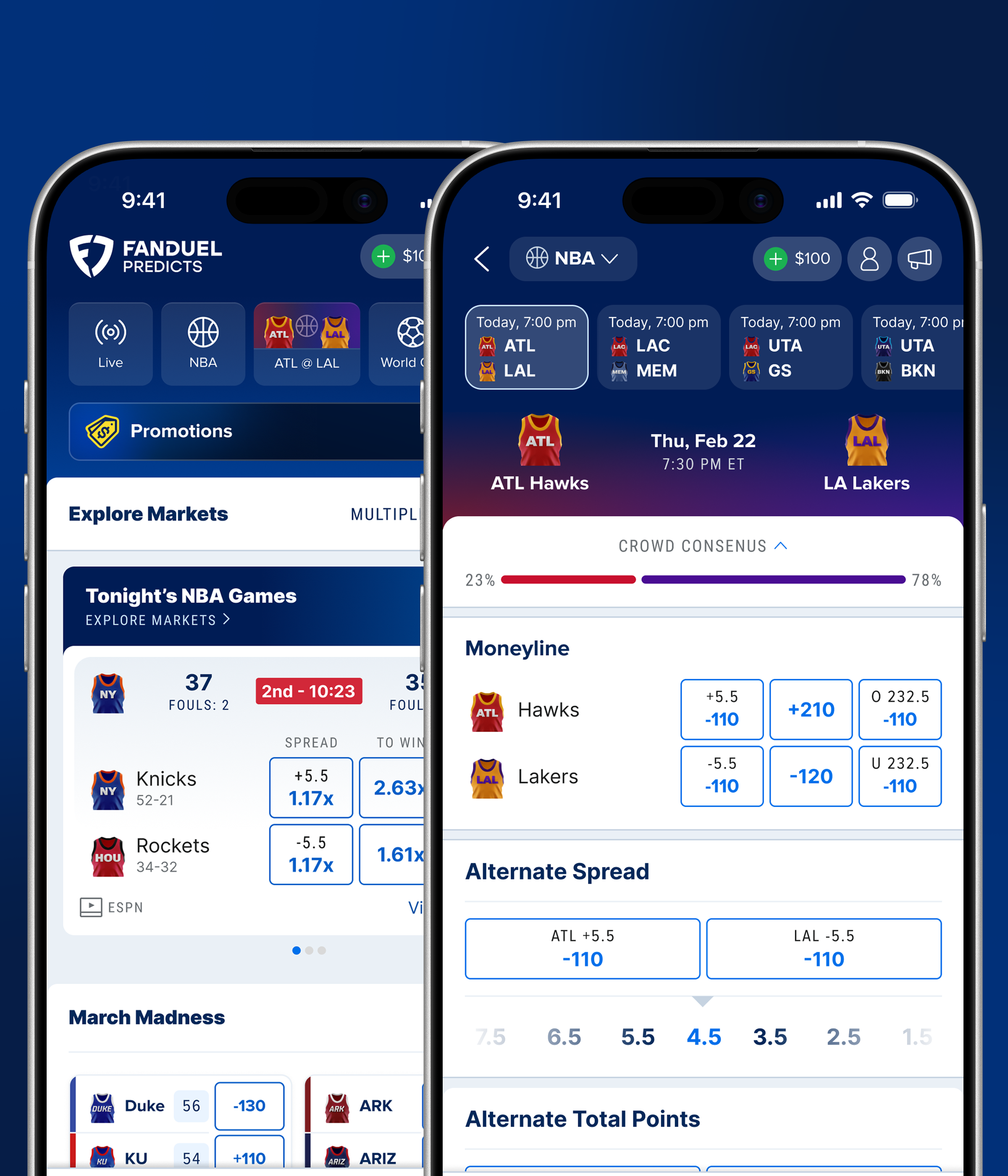 FanDuel Predicts lobby and basketball market screens displayed on two iPhones