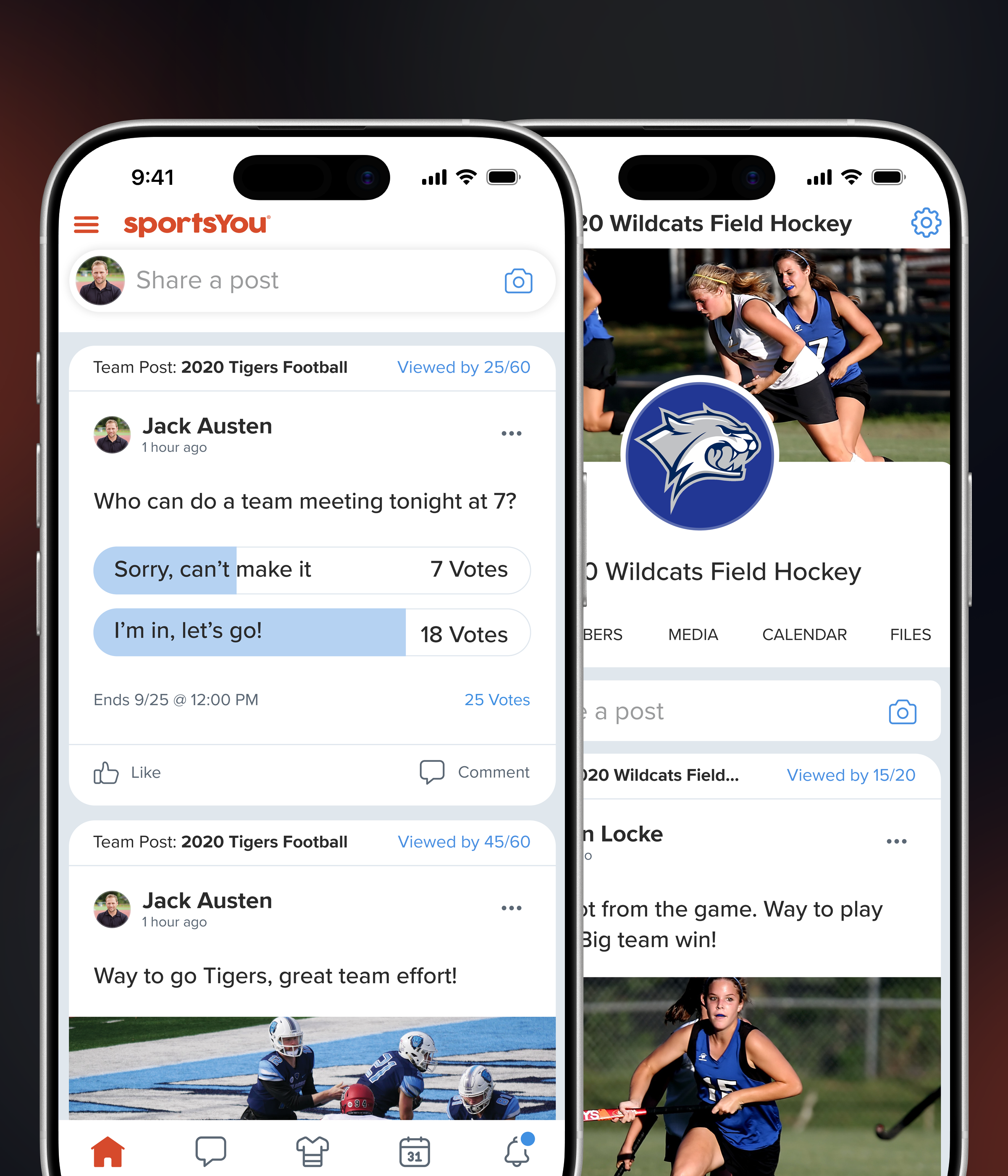sportsYou team feed and field hockey team profile screens displayed on two iPhones